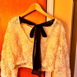 Zara Cream Floral Crop Top with Black Bow